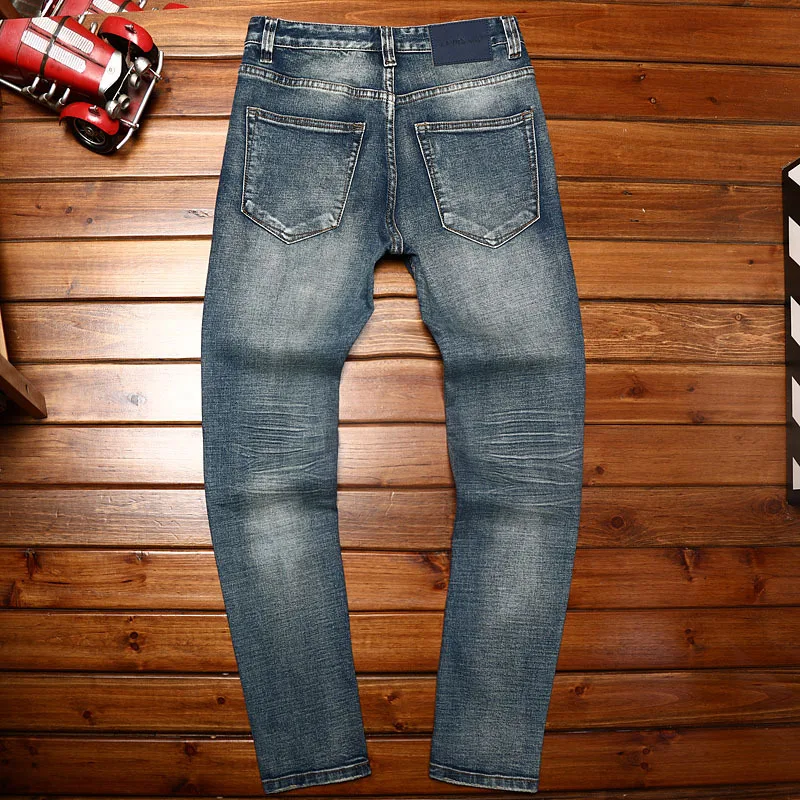 Calça jeans azul com patch e furo masculina, justa, elástica, casual, reta, nova moda, primavera e outono, 2024