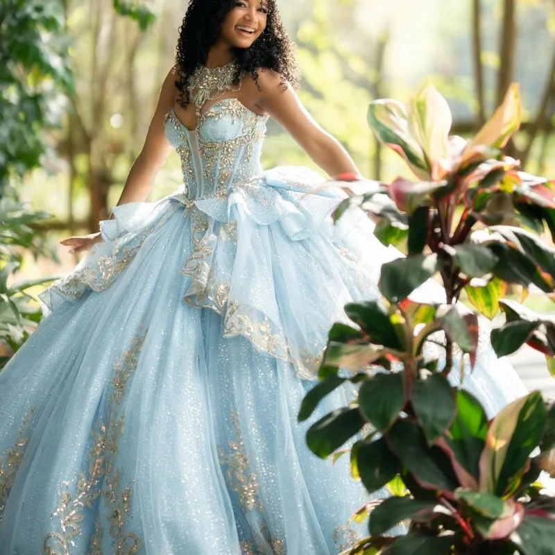 

Light Blue Quinceanera Dress off-shoulder Golden Glitter Decal Layering Long tail Bow vestidos de 15 Quinceanera ﻿Customize