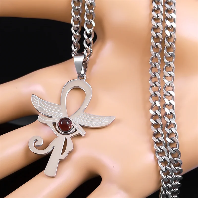 Alte Ankh Kreuz Auge von Horus Ägypten Flügel Halskette Amulett Frauen Edelstahl roten Stein religiöse Halsketten Schmuck n9751s03 – Detail 6