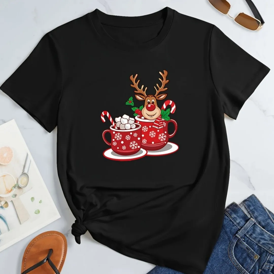 

Рождественская праздничная футболка Рождественская женская футболка Праздничный олень с рукавами Харадзюку Повседневная летняя уличная одежда с короткими рукавами в стиле Харадзюку