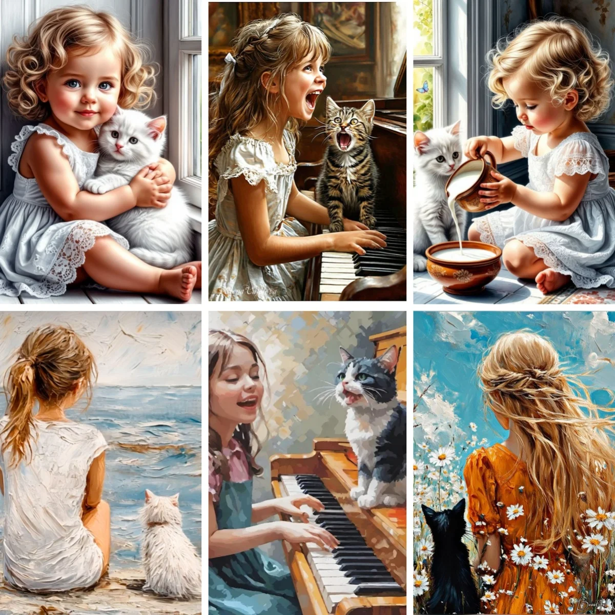 

5D DIY Diamond Painting Cross Stitch A Girl and Her Kitten Poster Full Square Diamond Embroidery Mosaic Children's Room Nursery