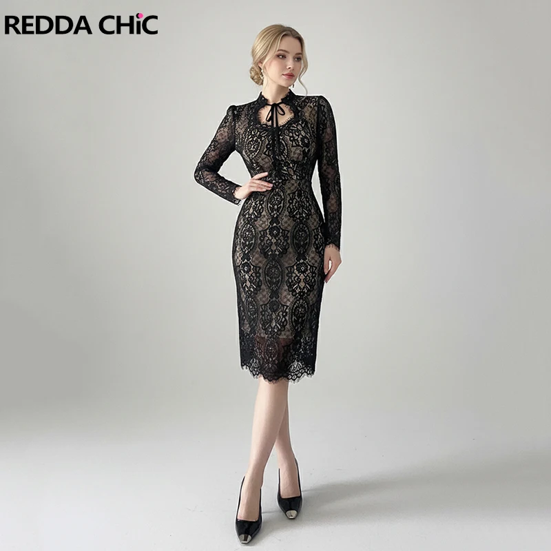 

REDDACHiC Женское кружевное платье-боди с лентами, коктейльное, с длинными рукавами, на бретельках, миди, цельное, сексуальное, летнее