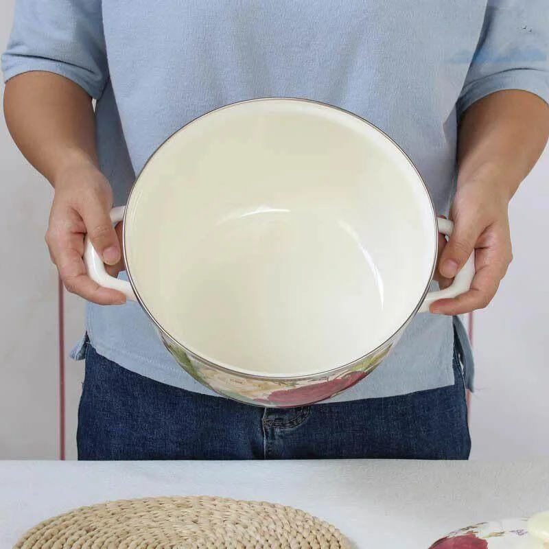 

Enameled Double-Eared Soup Bowl with Lid Pork Fat Pot Traditional Chinese Style Porcelain Bowl for Home Use Instant Noodles Bowl