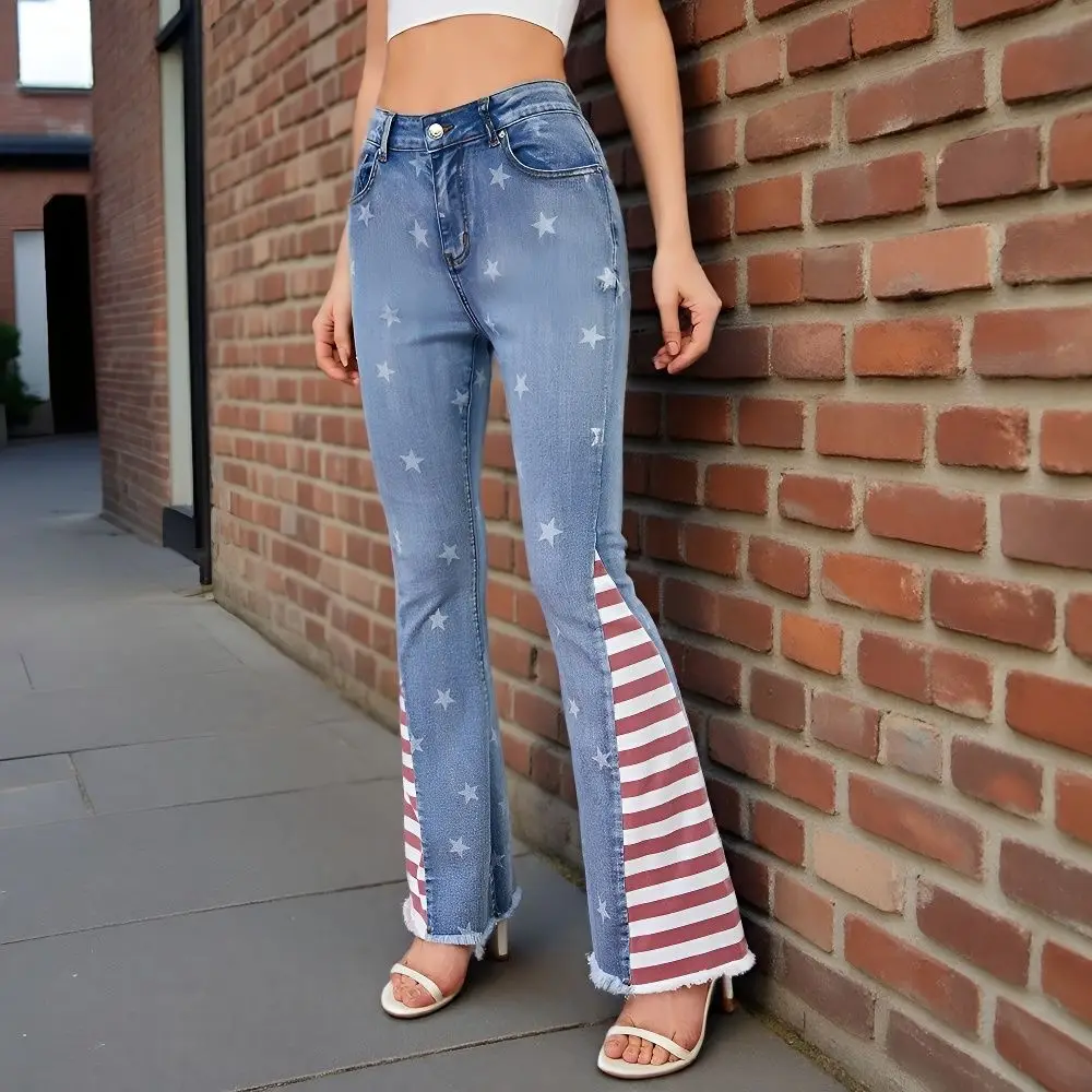 Flared Jeans Striped Women Denim Pants Color Block Star Pattern Wide Leg Trousers Streetwear American Bell Bottom Bootcut 4XL