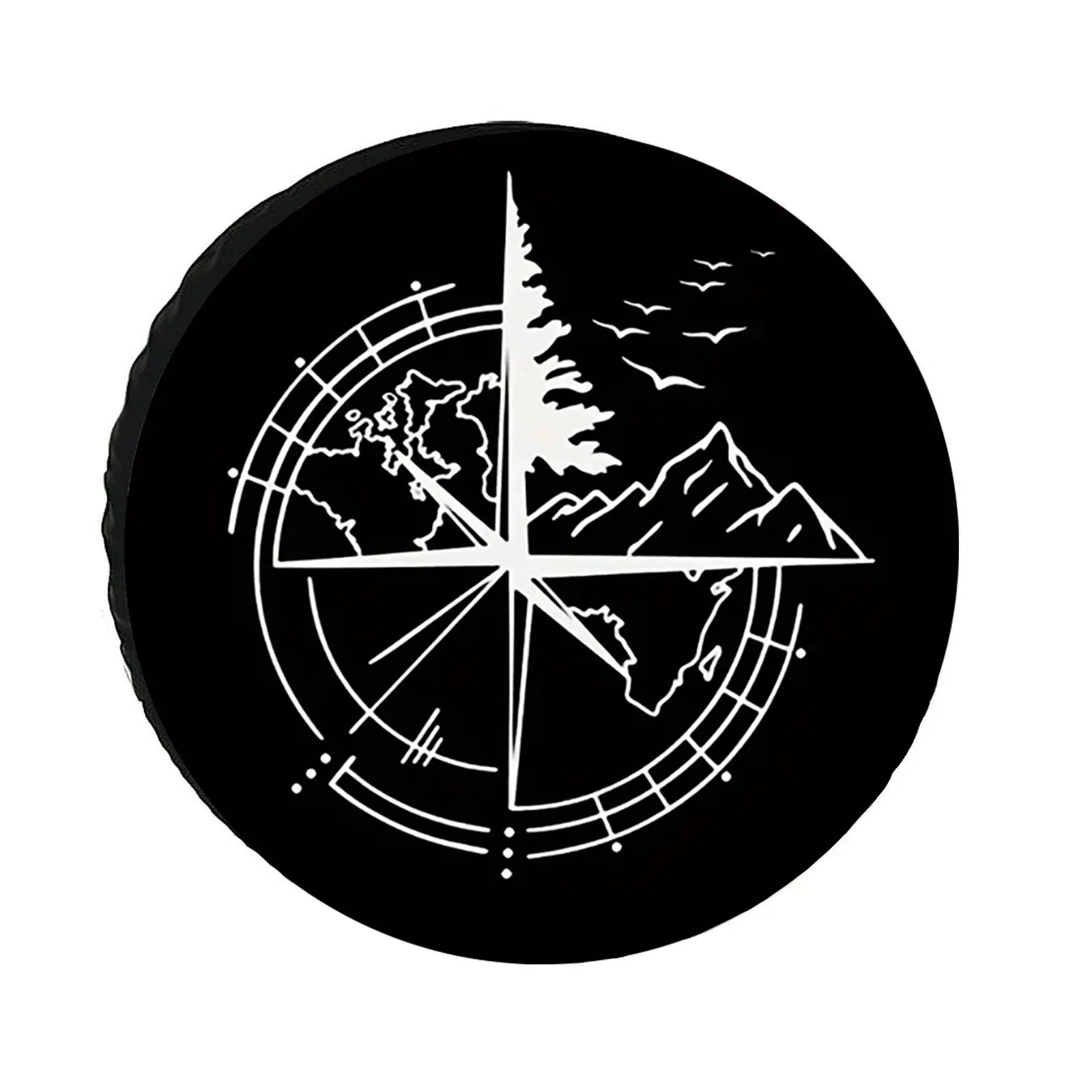 Black And White Minimalist Compass River Pattern, Windproof Dustproof Tire Protector Cover, Spare Tire Cover, 28/30/32/34 Inches