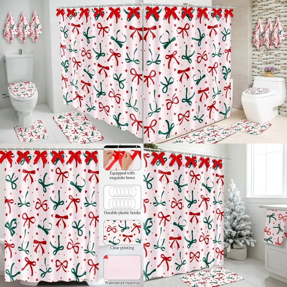 

Christmas Shower Curtain Sets: 7-Piece with Curtain, Rug, Lid Cover, Bath Mat, 3 Towels, Red & Green Bows & Hooks for Holiday Ho