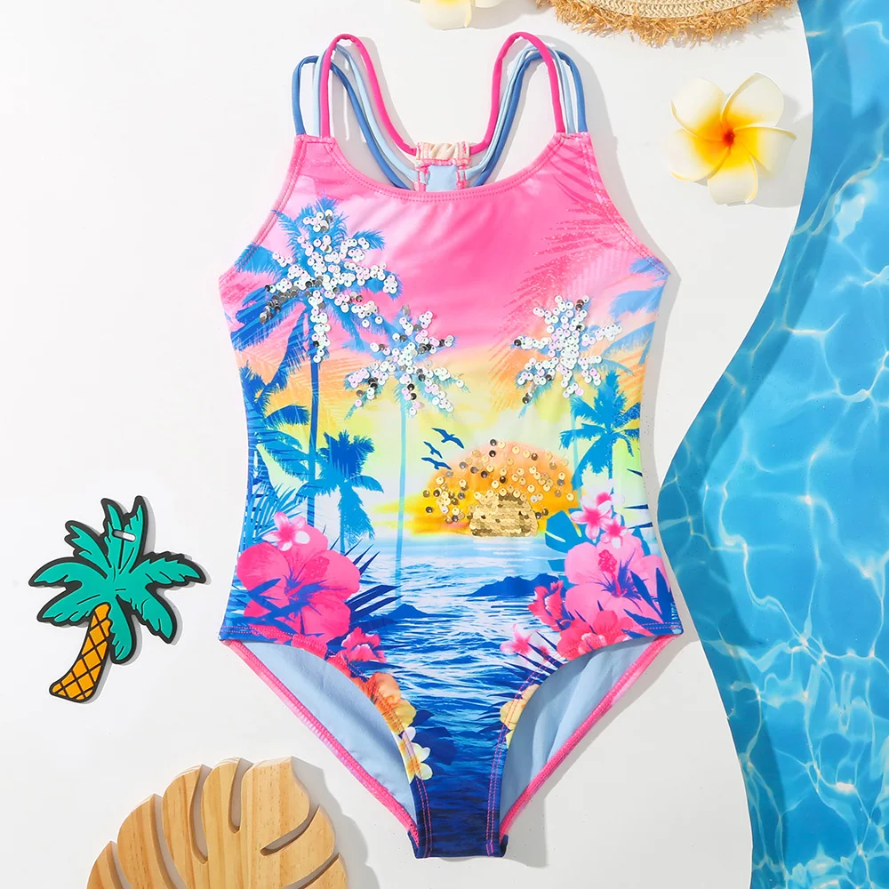 Beach Sport Girls One Piece Swimsuit Sequins Palm Tree Children's Swimwear 4-14 Years Ombre Swimming Bathing Suit Monokini 2023