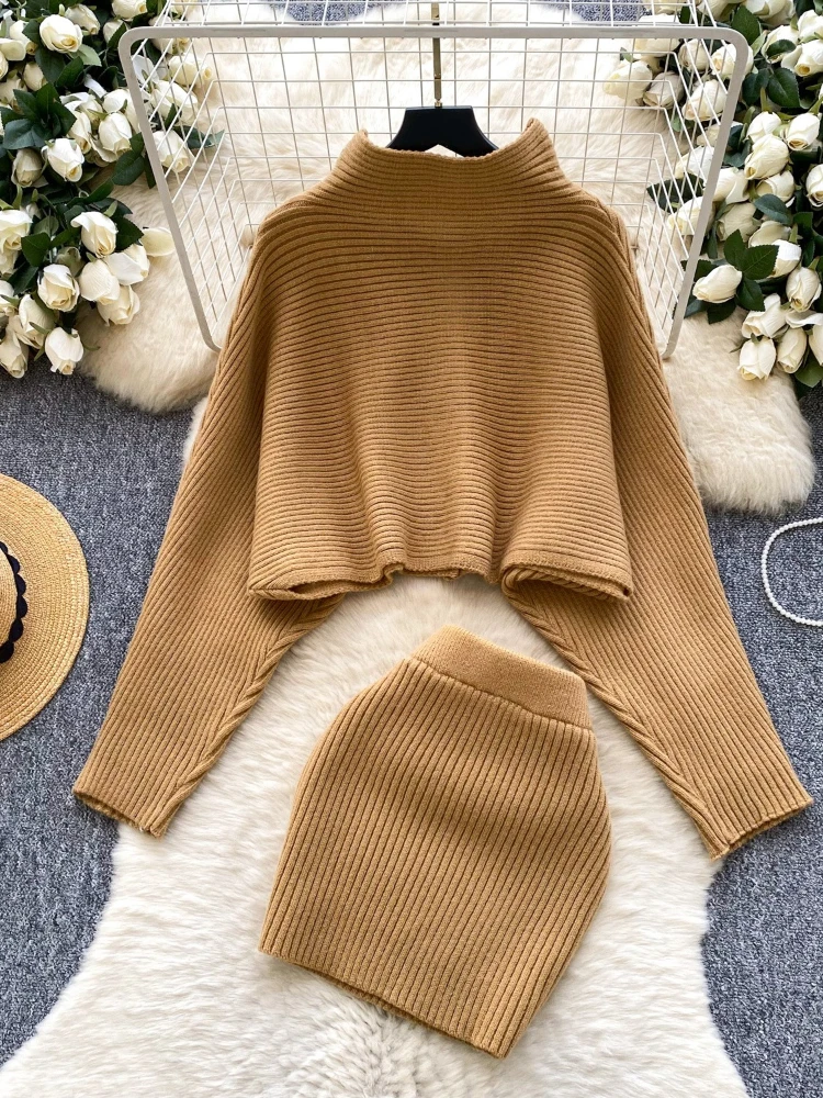 아늑한 감성 니트 투피스 세트 여성용 짧은 배트윙 소매 버튼 가디건 + 슬림 리브드 바디콘 스커트 겨울 부드러운 레이지 스타일