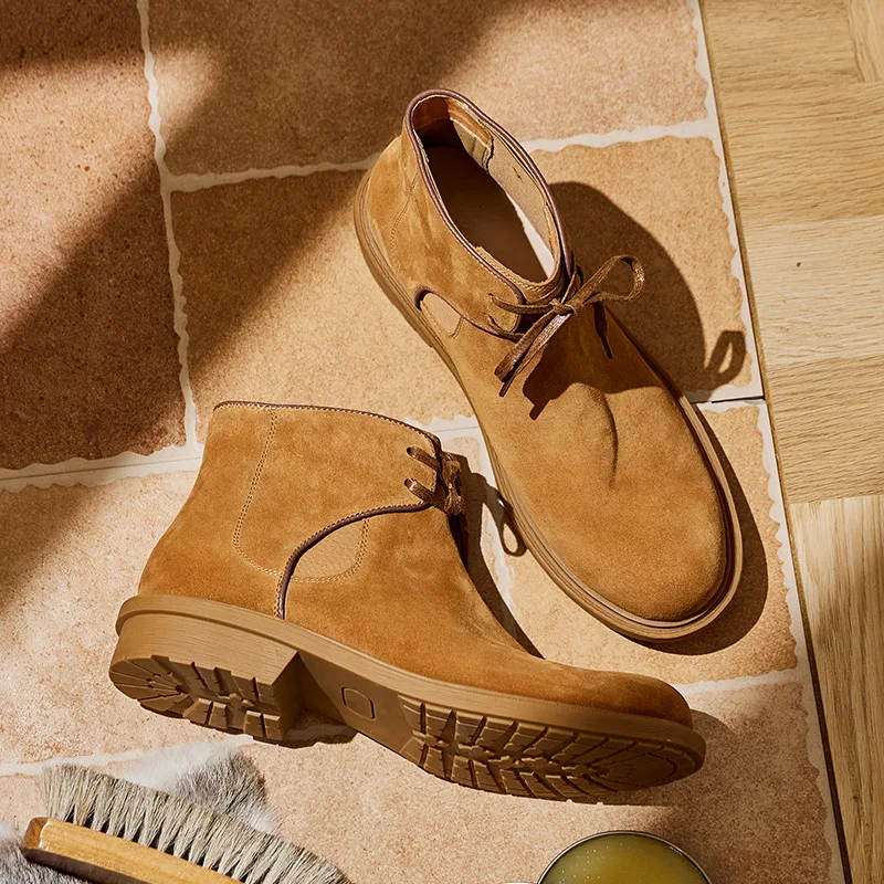Luxury Cow Suede Mens Oankle Boots 2026 Autumn British Style Handmade Genuine Leather Flat Outdoor Social Business Shoes Male