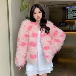 Winter Women Temperament Faux Fur Coat Female High-End Imitated Tibet Sheep Fur Fashion Printed Outwear Loose Crew Neck Outcoat