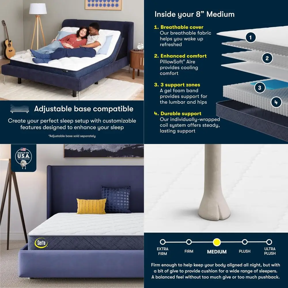 Colchón doble de 8 estrellas medianas: soporte lumbar con zona tranquilidad, espuma refrescante, alivio puro, cama en una caja, prueba de 100 noches, 10 años