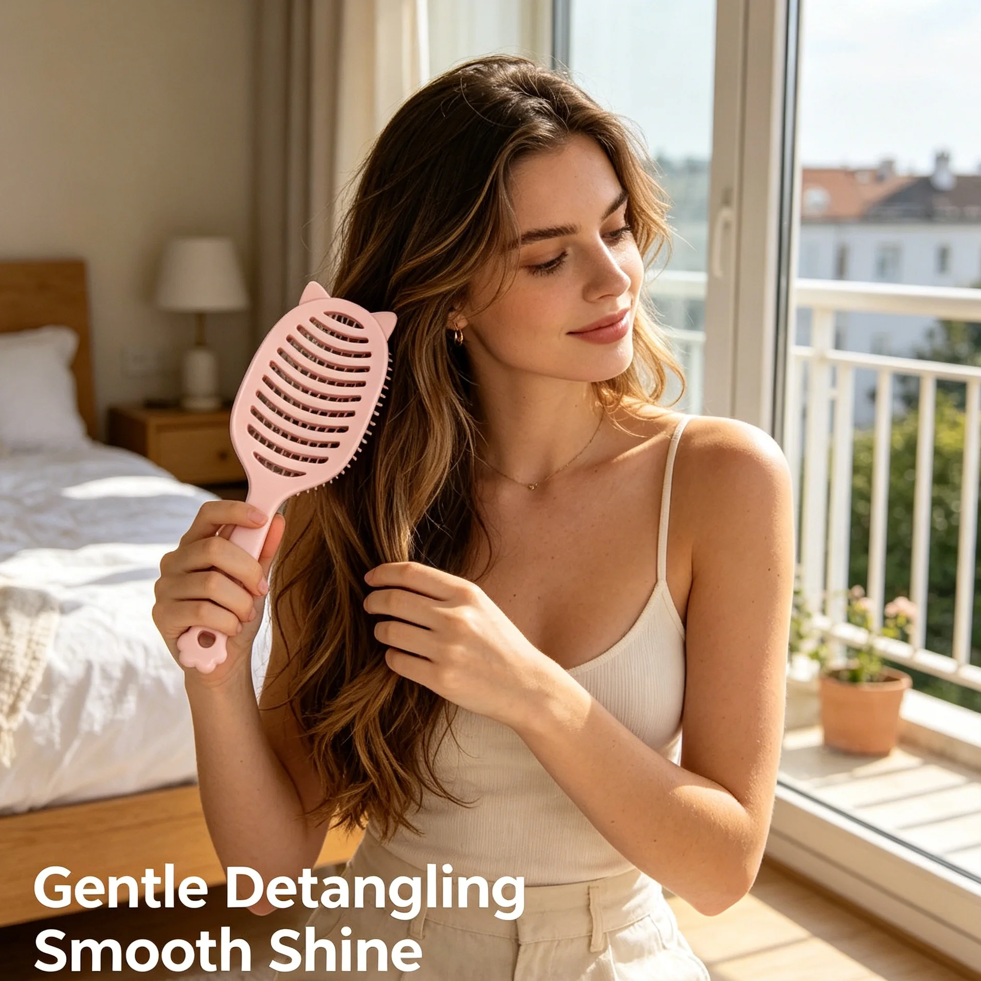 Cute cat-eared, cat-clawed handle with a hollow design, a whimsical cartoon-style hairbrush that combines aesthetics with functi