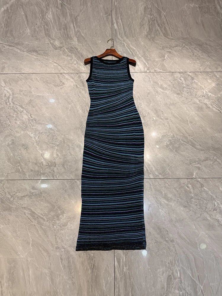Summer Fashion Party Silver Thread Knitting Thin Style Long Dress Women's O-Neck Sleeveless High Waist Buttock Covering Dress