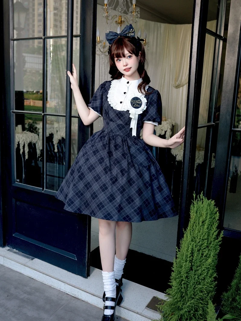 

2025летний новый костюм для песен, японское милое тонкое клетчатое мини-платье с пышными рукавами, оригинальное бальное платье в стиле Лолиты для девочек