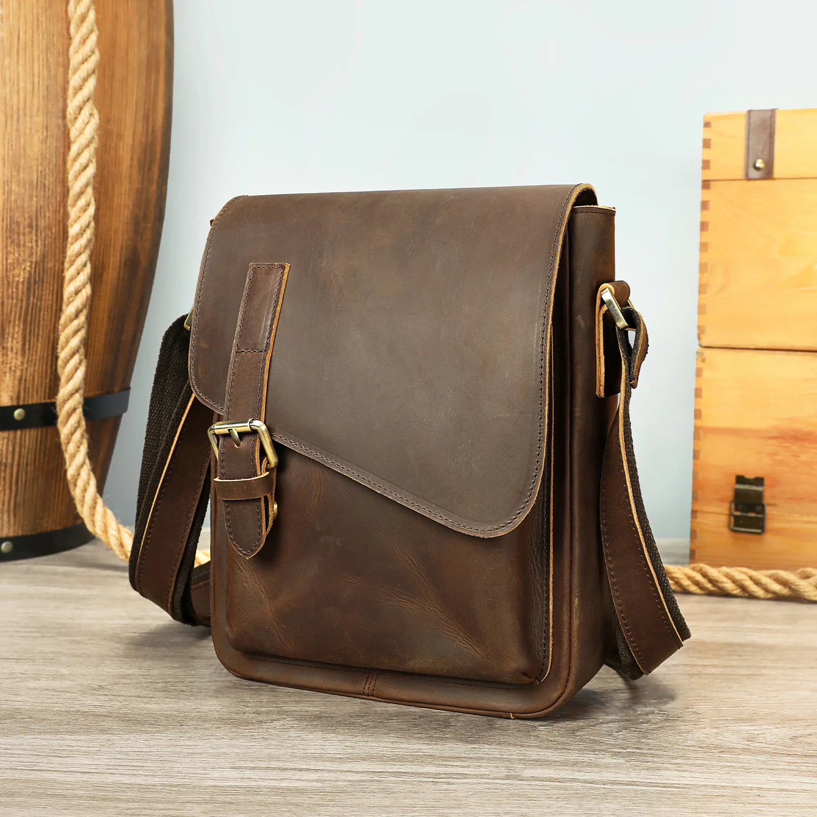 Mens Genuine Leather Crossbody Bag Crazy Horse Vintage Shoulder Bag Premium Sling Bag Stylish Messenger Bag