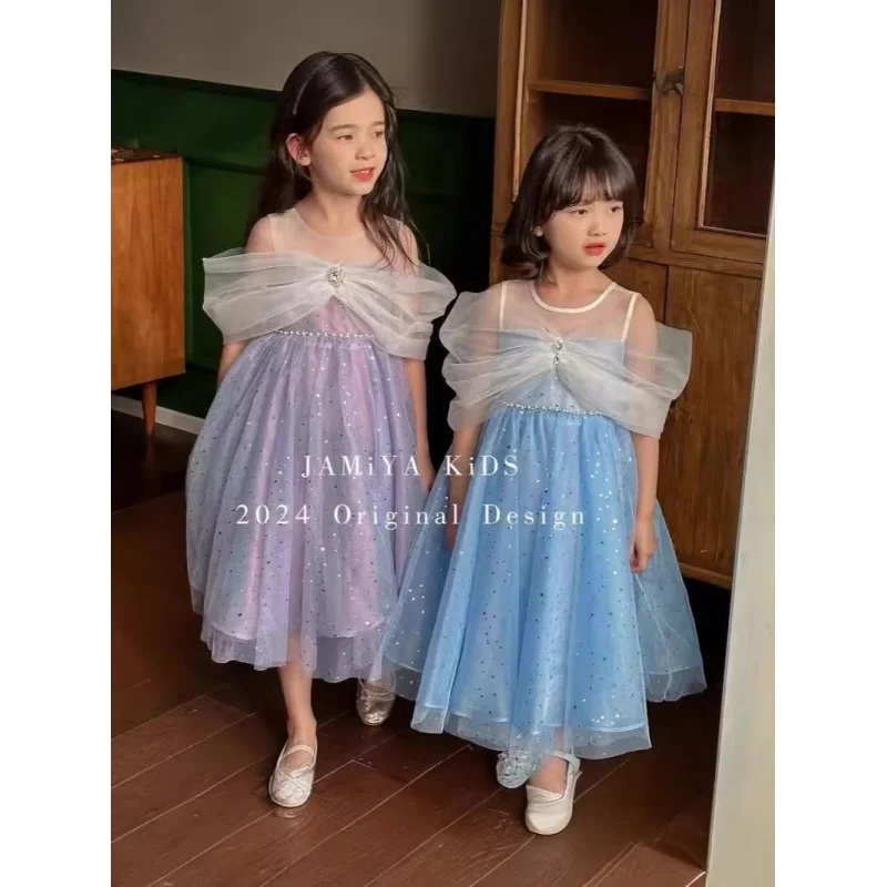 

2024New Girls' Cold-Shoulder Mesh Princess Sequined Tulle Dress Birthday 61 Dress