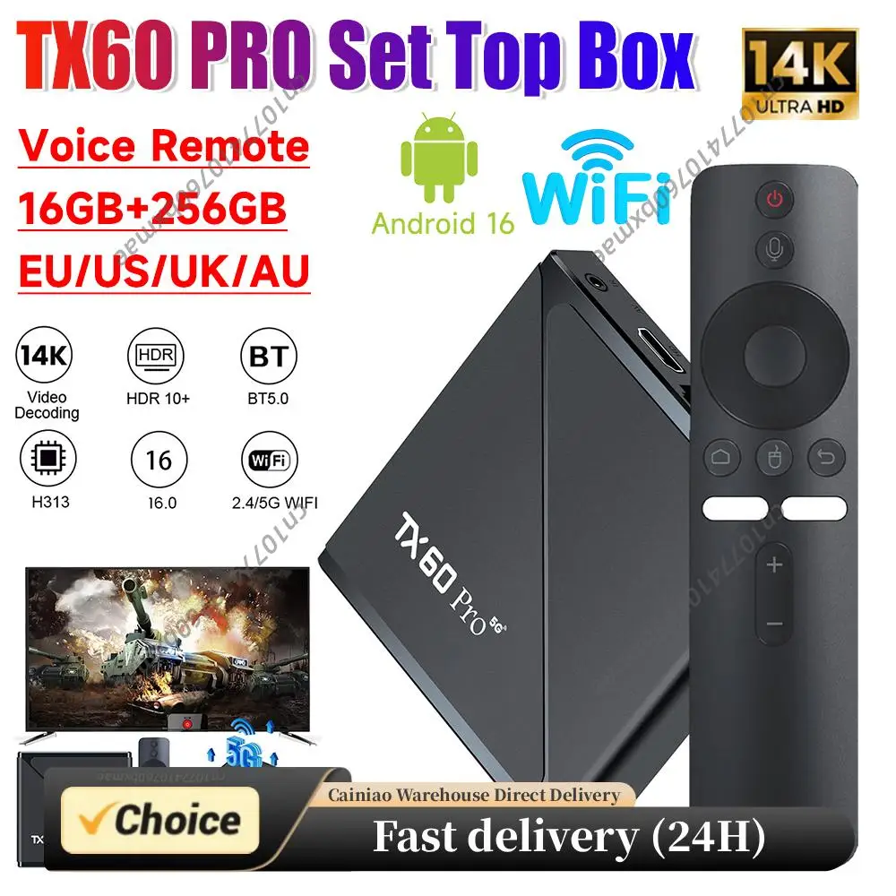 

TX60 PRO Android 16 Smart TV Box 14K 2.4G/5G Dual WiFi 6 Media Player Set Top Box with Remote Set Top Box Quad Core16GB 256GB