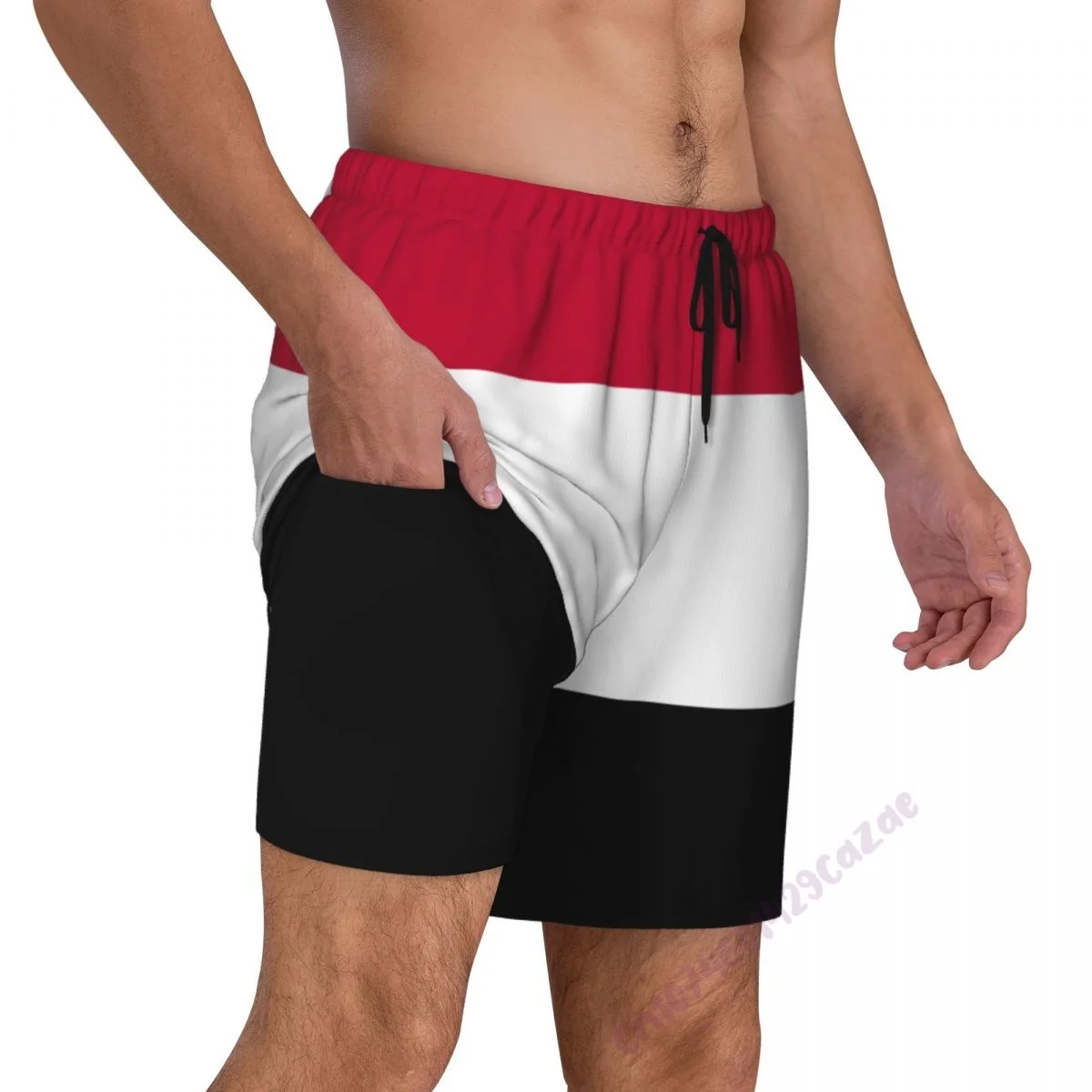 Yemen Country Flag 3D Mens Swimming Trunks With Compression Liner 2 in 1 Quick-Dry Swim Shorts With Pockets for Summer Gift