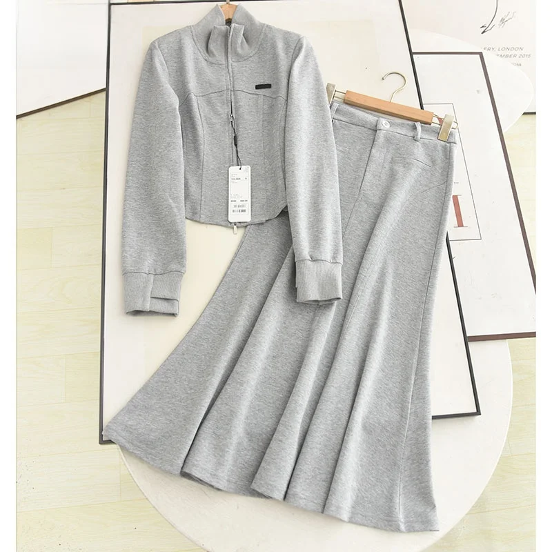 

Спортивный комплект: худи на молнии и юбка с завышенной талией, облегающая, в стиле фи-тейл, для женщин, повседневный, модный