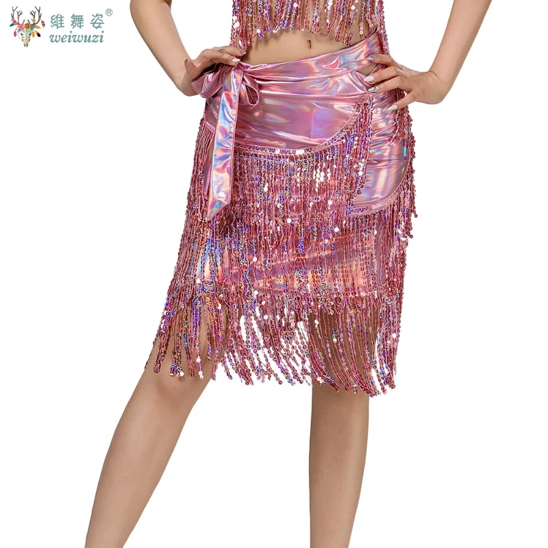 Asciugamano per fianchi con frange e paillettes per danza latina Asciugamano con frange per danza del ventre Asciugamano con catena in vita Gonna da ballo in pelle verniciata