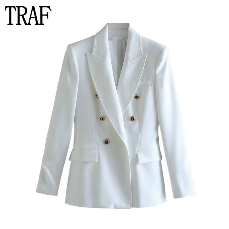 TRAF-Blazer Long Blanc à Manches sulfpour Femme, Veste Croisée, Tenue de Bureau, Streetwear