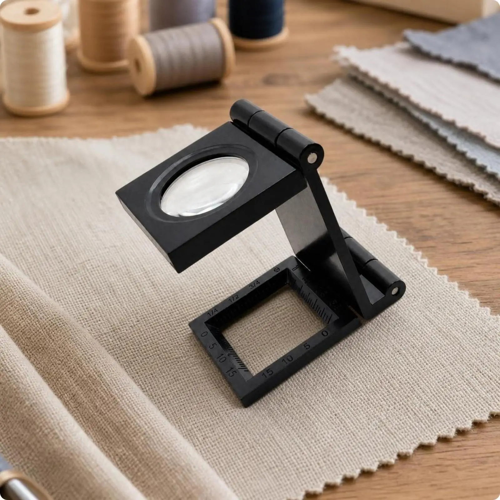 Handheld Fabric Magnifying Glass with Hinged Stand and Ruler for Craft Inspection