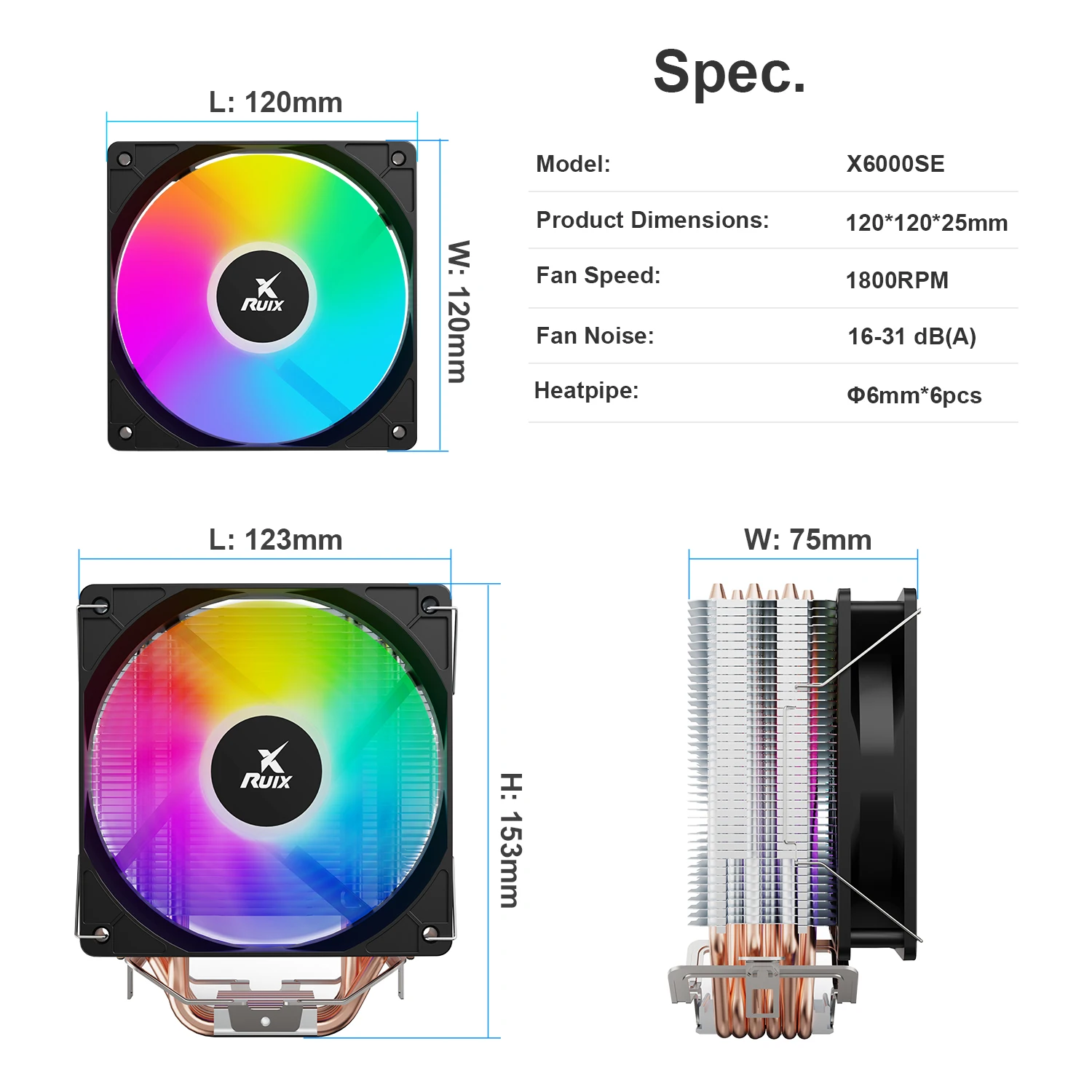 Ruix X6000 Pure Copper CPU Cooler 6 Heatpipes Rainbow RGB 120mm Fan Aircooler All Platform Intel 1150 1155 1156 1700 AMD AM2/3/4