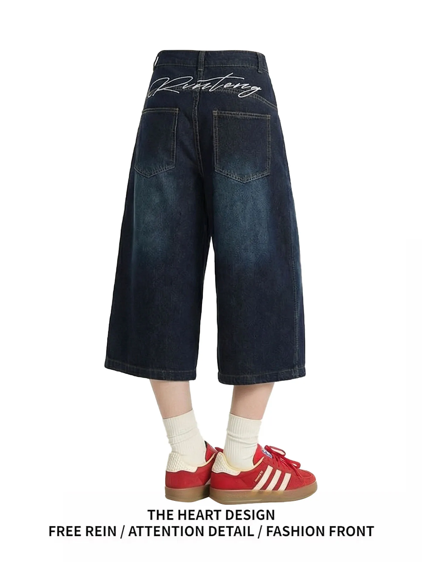 

Retro American Short Pants Women Summer Trendy Brand New Embroidered Wide Leg High Waist Jeans Blue Color Comfortable Fit