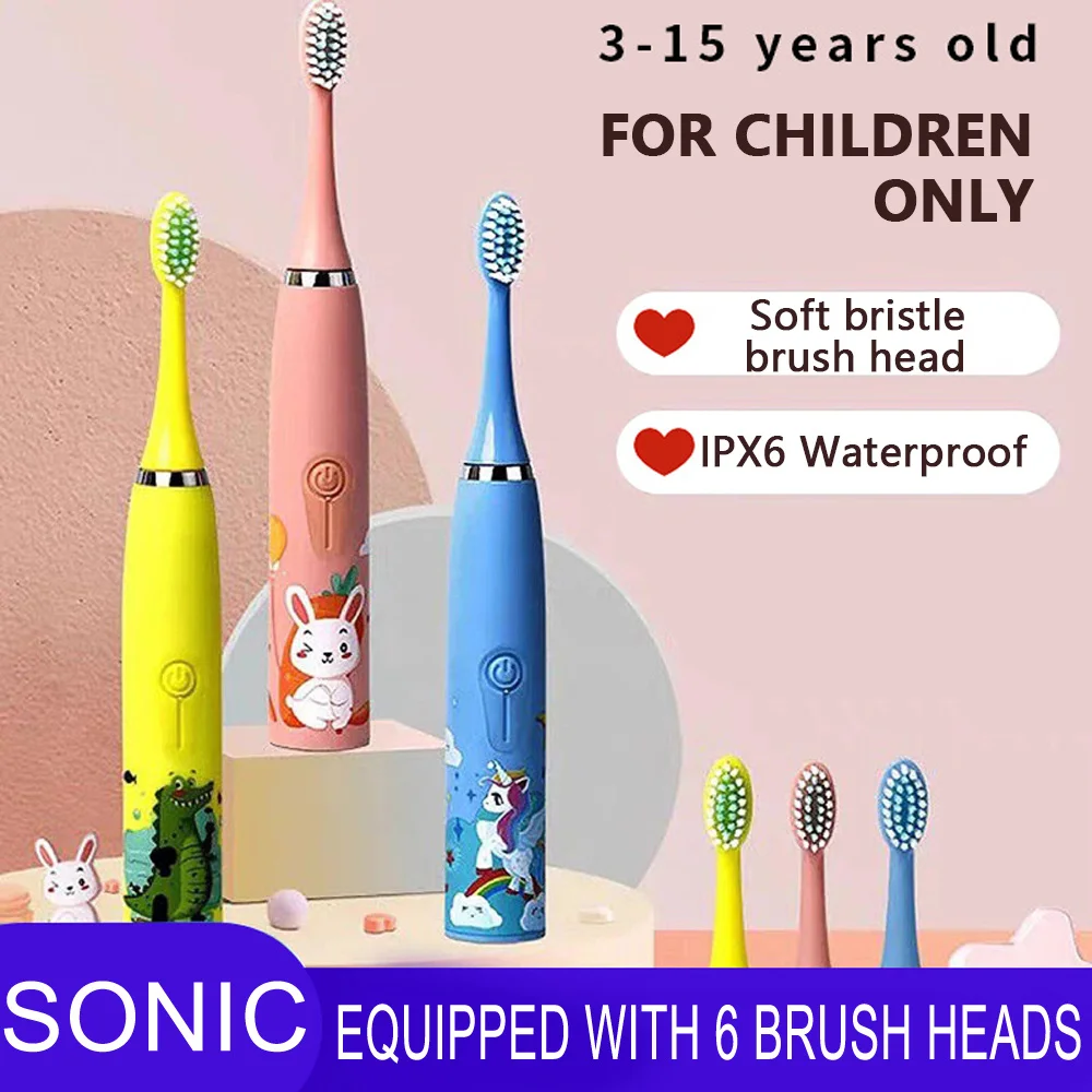 Children Electric Toothbrush With Replace Brush Heads Kids Cartoon Toothbrush Ultrasonic Sonic Electric Toothbrush With 6 Head