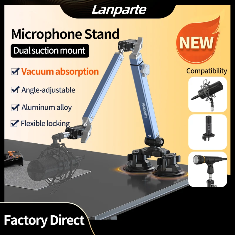 Lanparte Professional Dual Suction Mount Microphone Holder Adjustable Desktop Mic Boom Arm Aluminum Microphone Stand