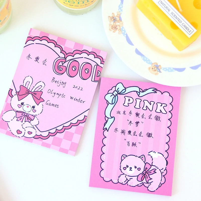 50 Sheets Cute Grid Retro Bear Memo Pad Kawaii Stationery Sticky Notes Girls Portable Notepad School Office Supply Papeleria