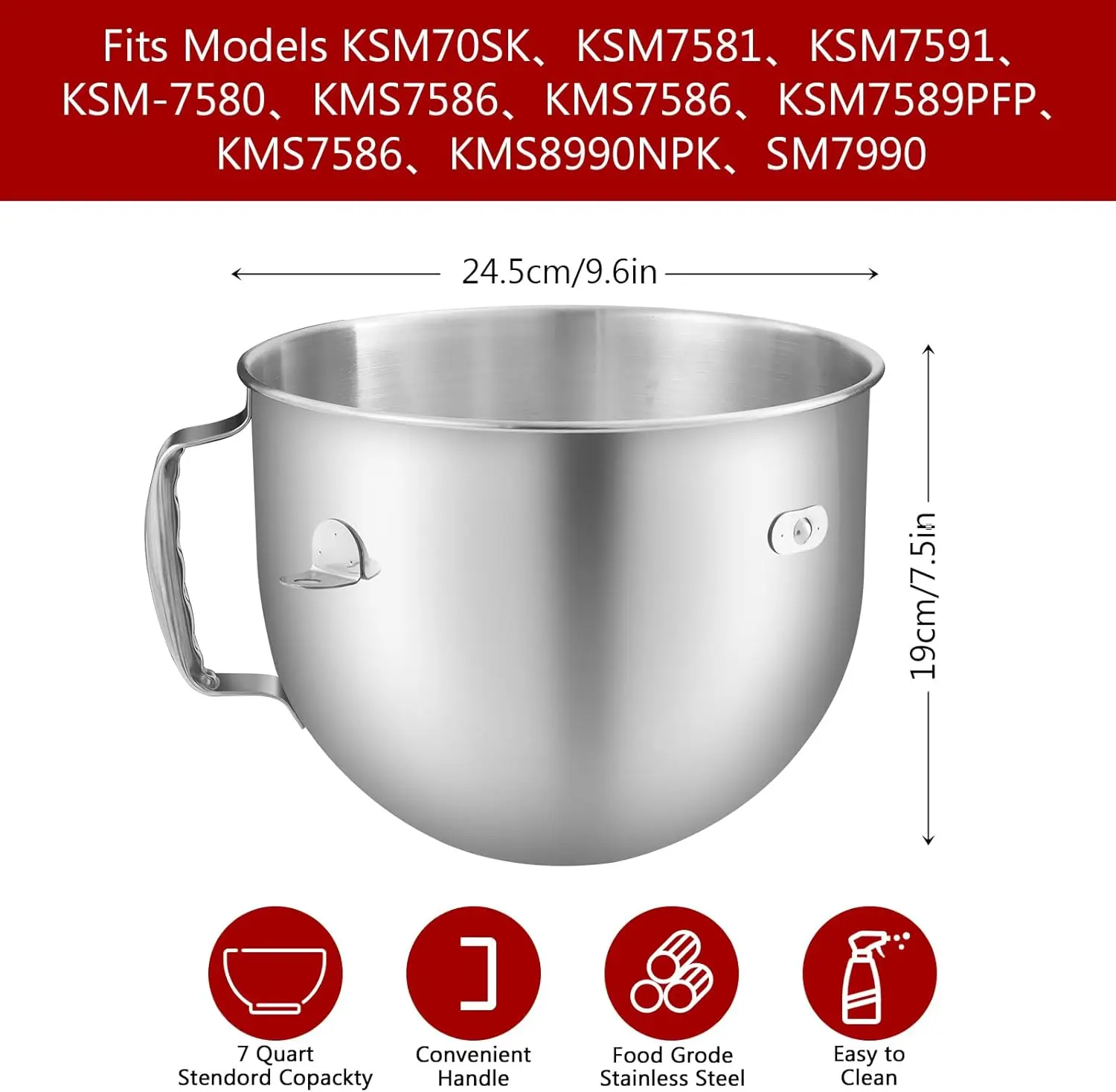 7QT Stainless Steel Bowl, Lid for KitchenAid 7 Qt Bowl-lift Mixer, Compatible with KSM70SKXXBK Etc., Polished Steel
