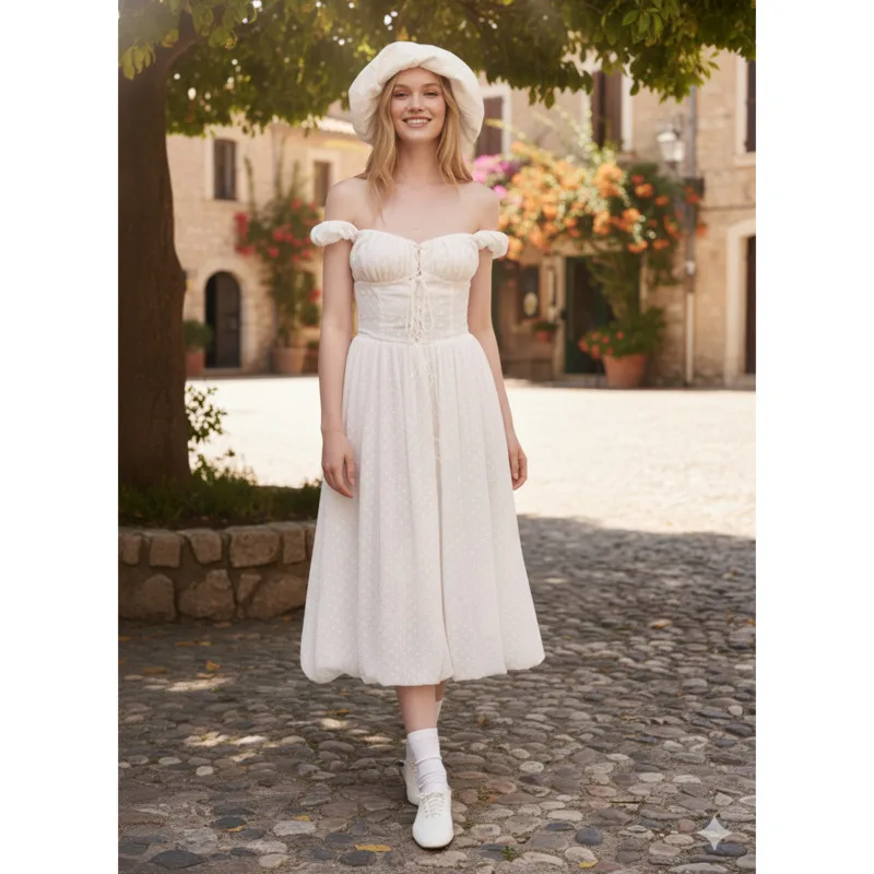 

Women Elegant Summer Dress Off-Shoulder Puff Sleeve Jacquard Embroidery Slim Fit Hollow Out White Midi Dresses For Beach Party