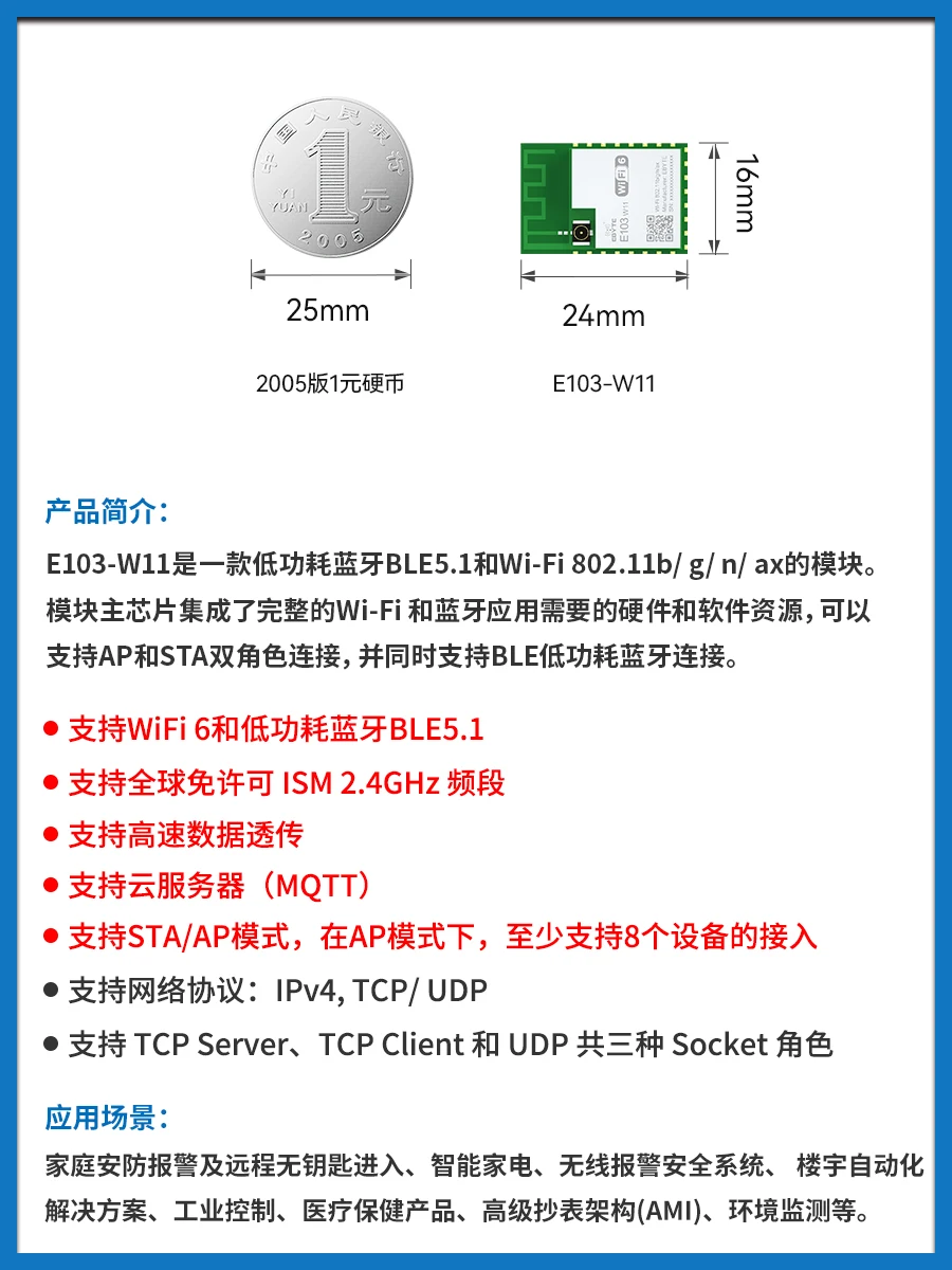 Serial Port to WiFi6 Module High-speed Transparent Bluetooth BLE5.1 Low-power Support for MQTT