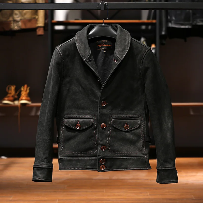 

Spring men's clothing Cossack green fruit collar single breasted fashion casual coat thickened frosted cowhhide leather jacket