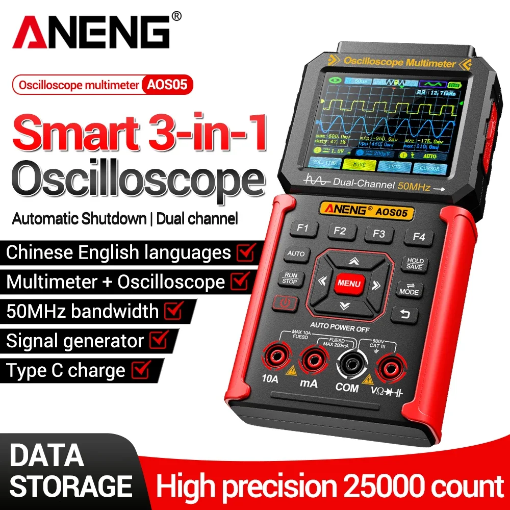 ANENG AOS05 Multifunctional 50MHz Portable Digital Oscilloscope Multimeter Signal Generator 3-in-1 Dual Channel Maintenance Tool