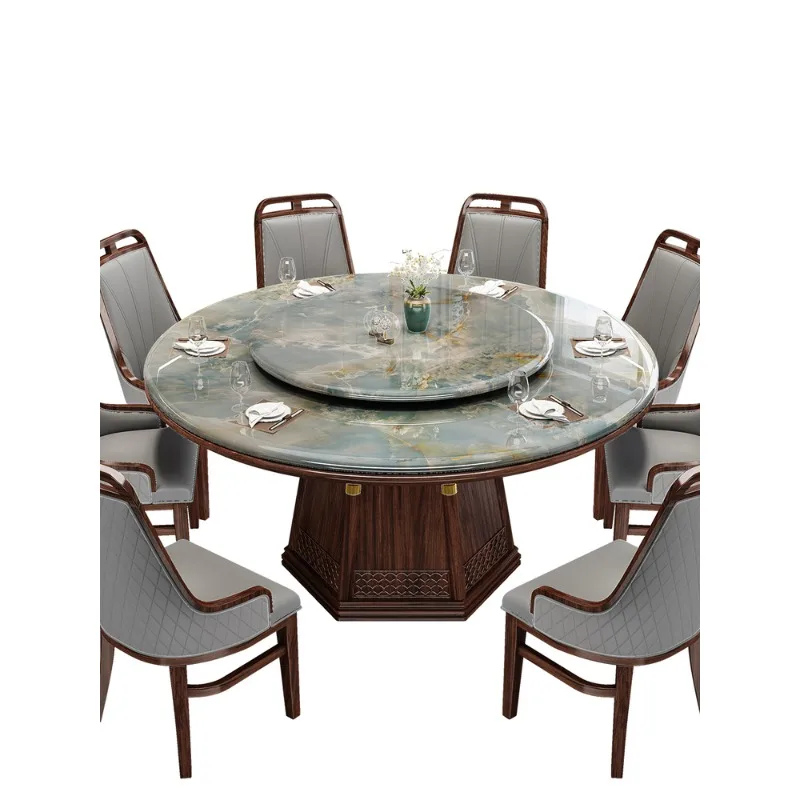 

New Chinese-style ebony solid wood marble dining table and chairs light luxury home restaurant villa large round table with