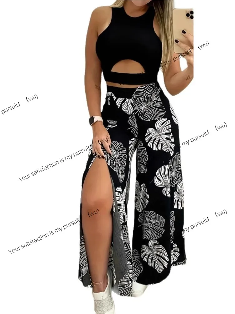 ZOCI-Fashion Set Dua Potong Wanita, Set Celana Bermotif, Rompi Pendek Leher Bulat, Kasual Elegan, Setelan Wanita