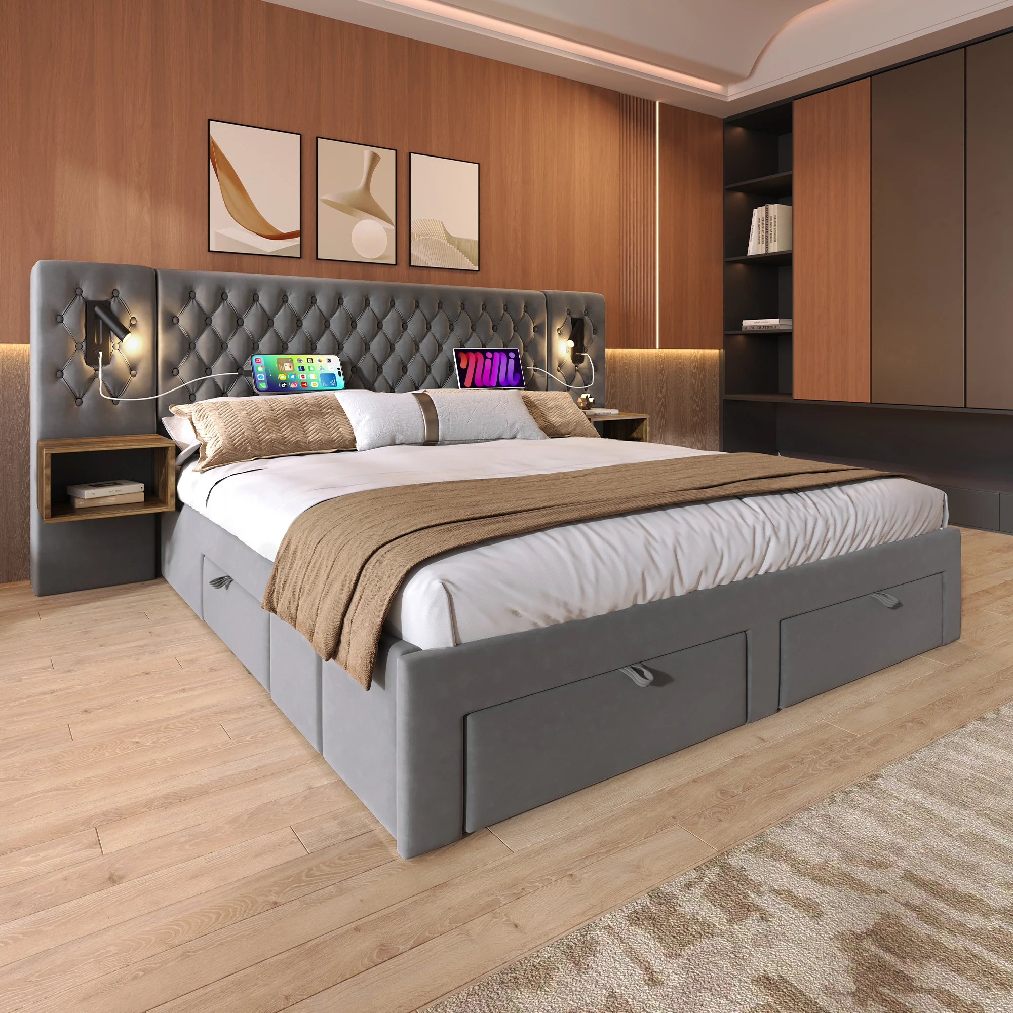 Complete Bedroom 180x200 Cm-double BED with Bedside Tables, LED and Storage