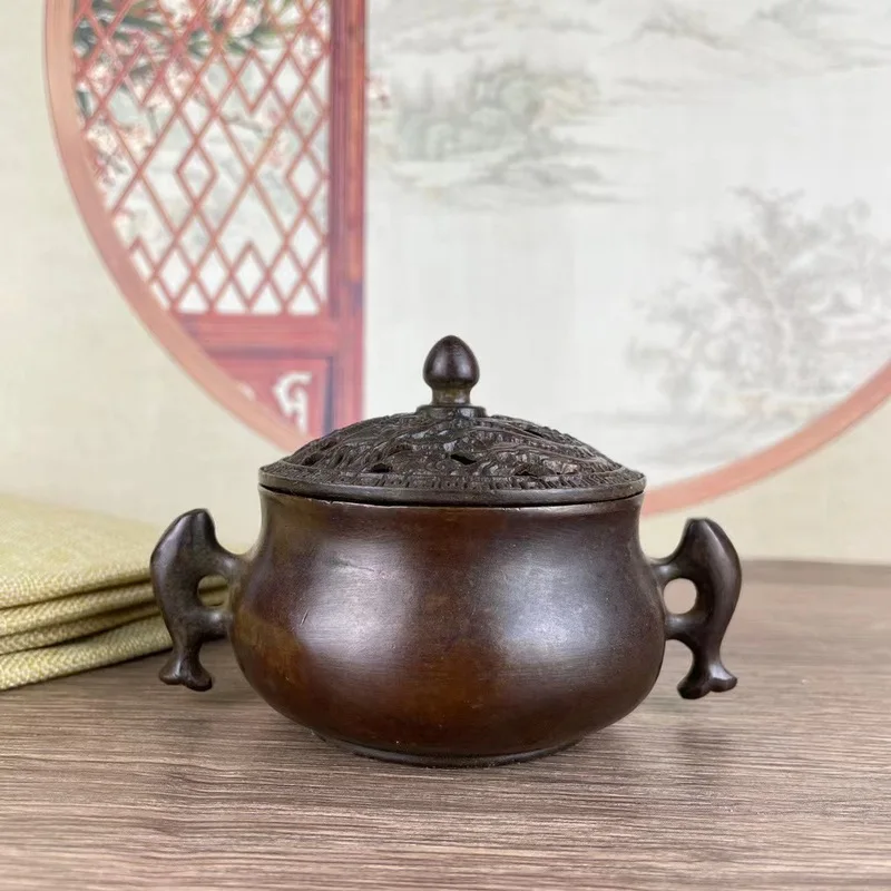 Antique Copperware from Rural Areas: Old Dragon and Phoenix Ming Dynasty Xuan De Furnace, Alloy Copper Double Fish Ear Ornam