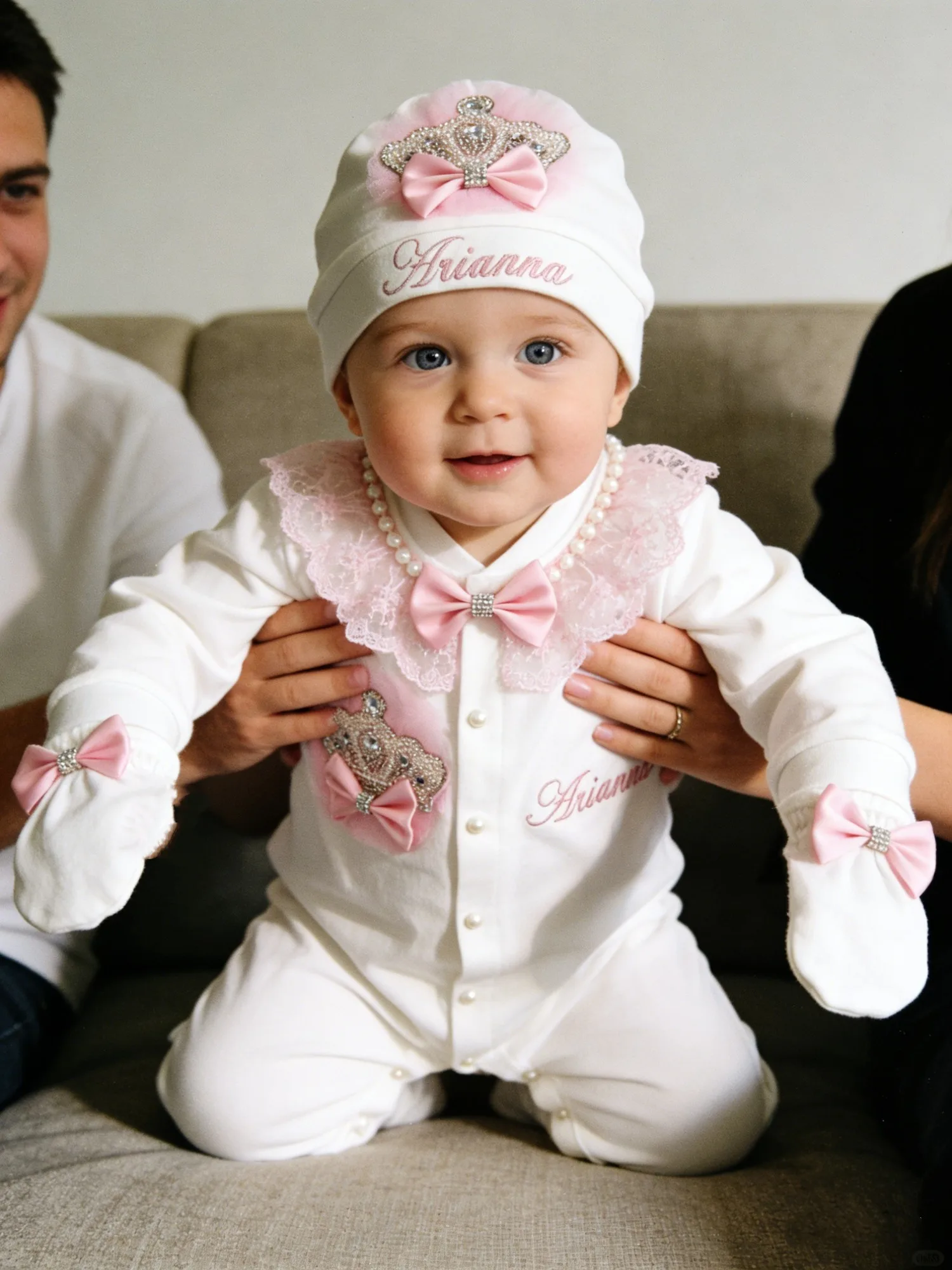 Baby Girl Princess Gift Set - Swaddle Onesie Hat Mittens with Crown Embroidery for Baptism