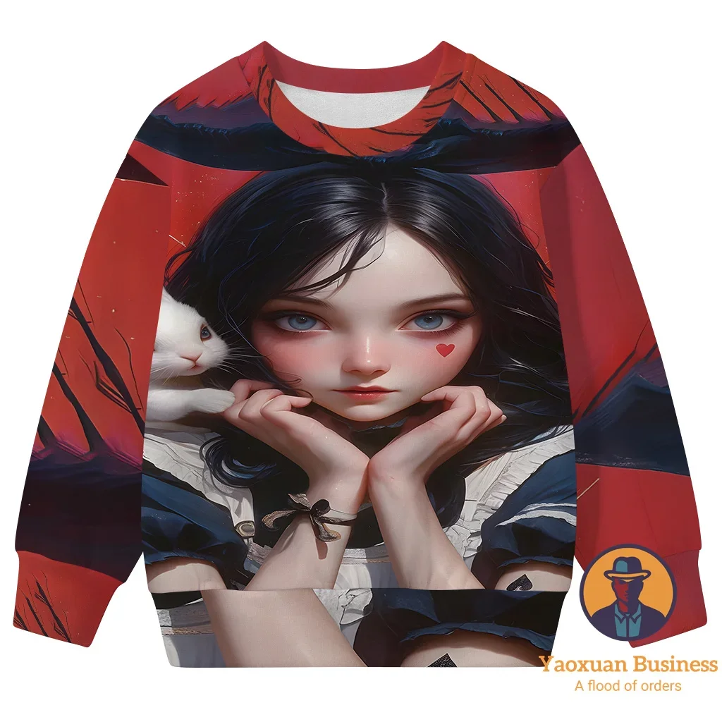 

Fashionable 2025 White Alice In Wonderland Little Boys Girls 3D Cartoon Printed Crew Neck Sweatshirt Cute Windproof Warm Autumn