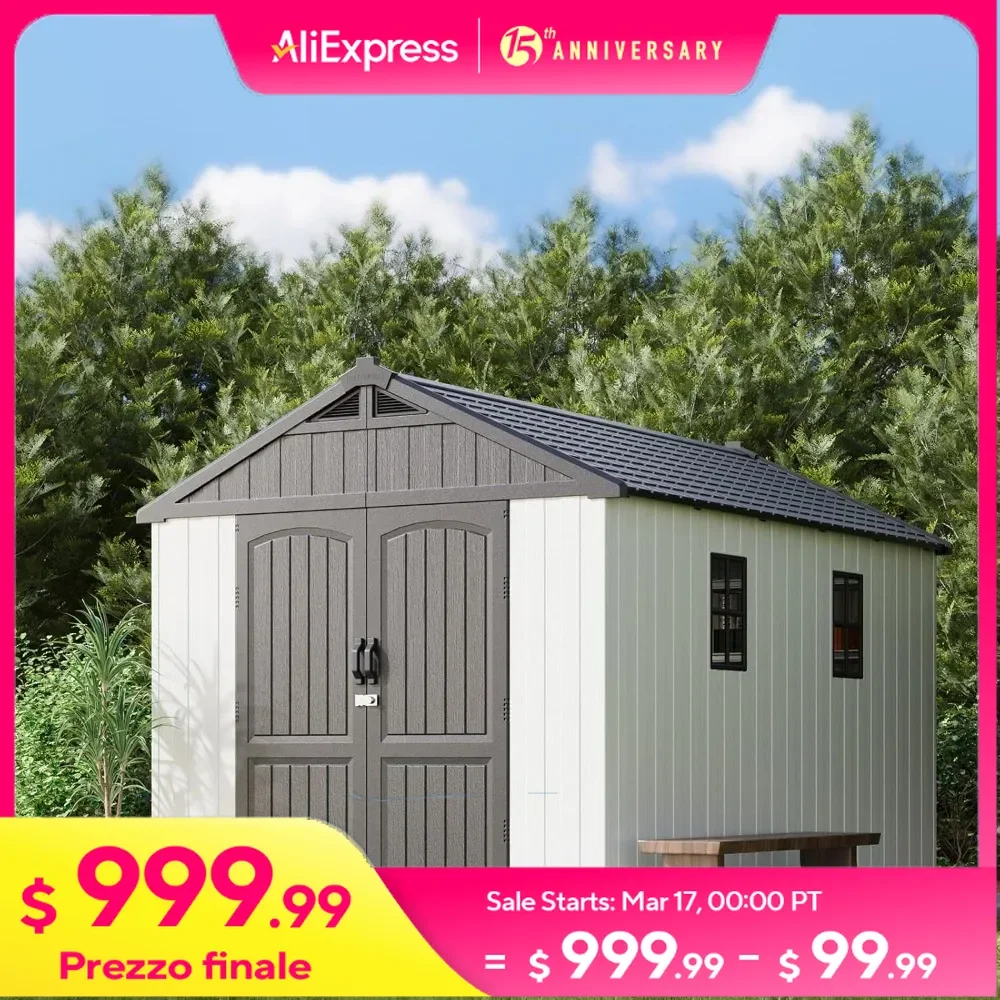 8x12 FT Outdoor Storage Shed with Floor & Window & Lockable Door, Patio Furniture, Backyard Tools & Bicycles, Resin Garden Shed