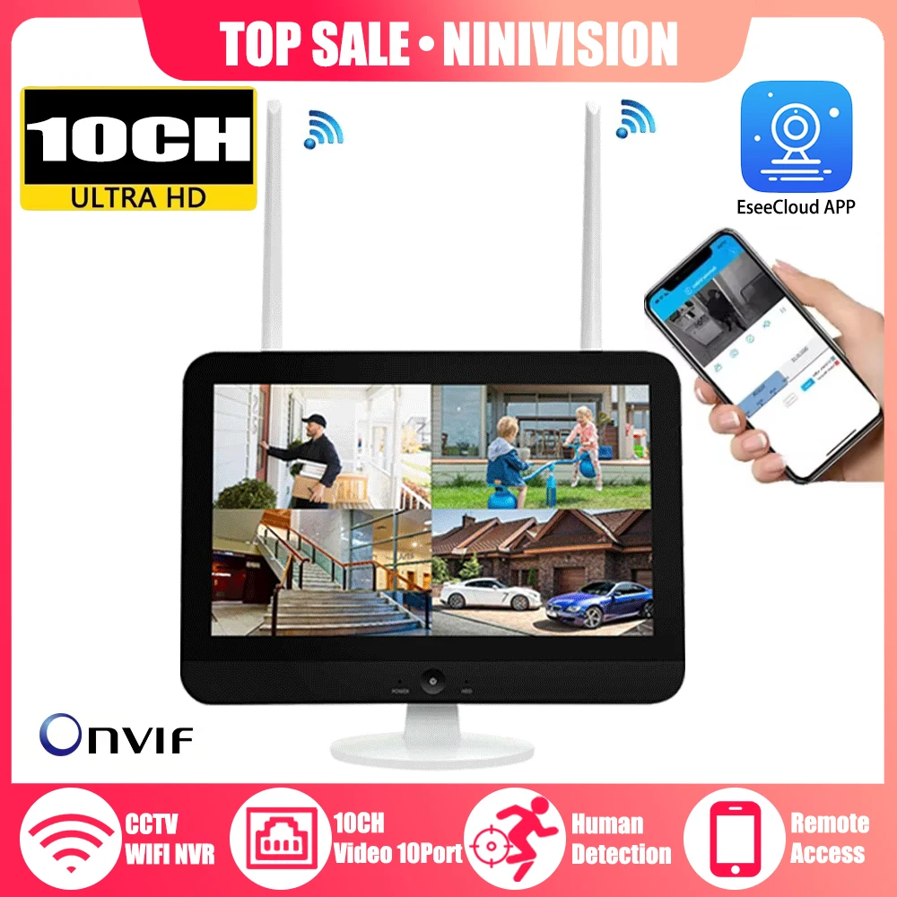 10CH 12.5Inch WiFi Screen Monitor Wireless System 5MP NVR Security WiFi IP Camera Surveillance Motion Detection ESeeCloud APP