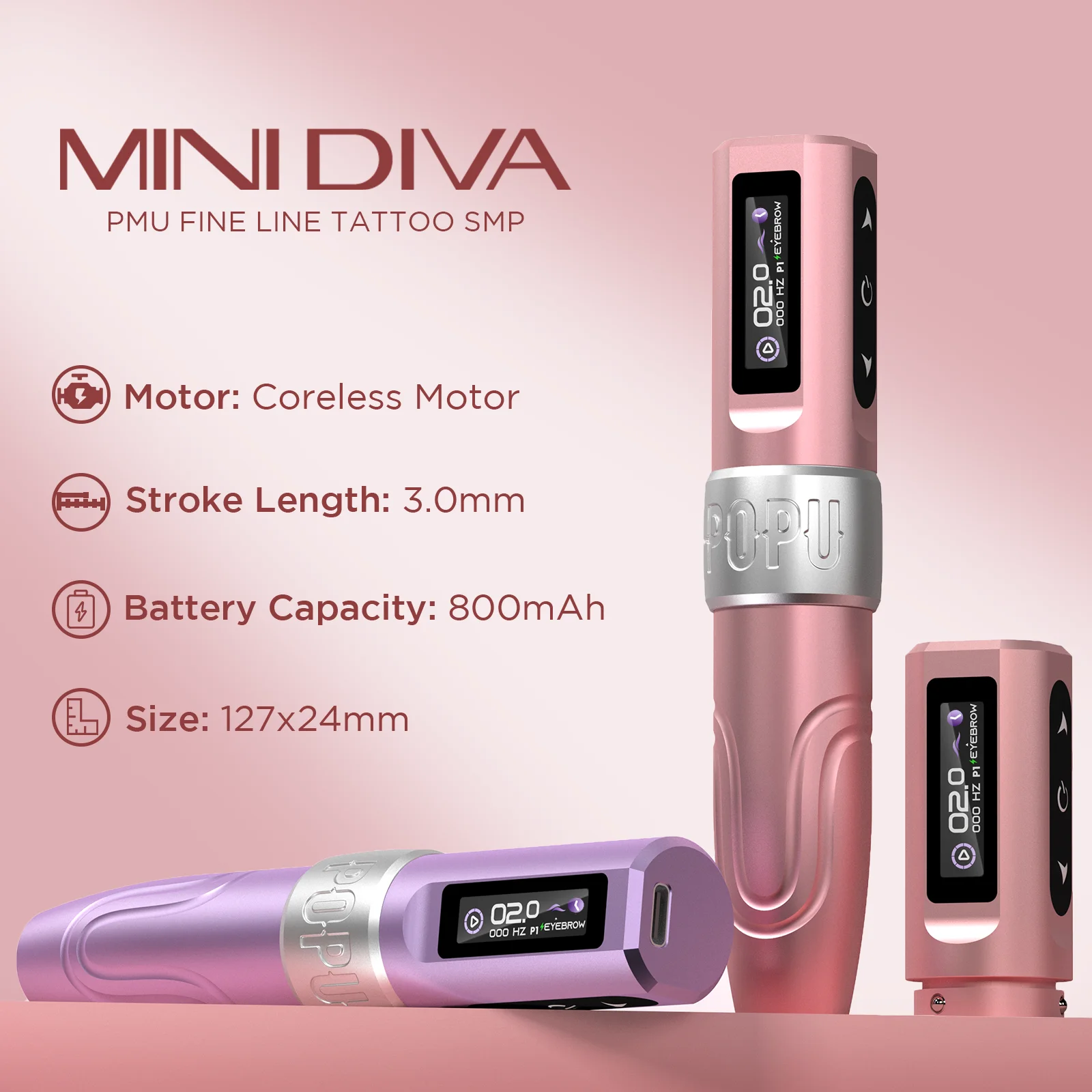 POPU MINI DIVA Permanent Makeup Wireless Battery Tattoo Pen Machine for PMU & SMP OLED Digital Display Power Pack