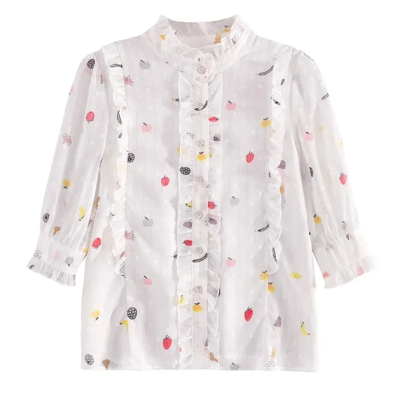 Women\'s Sweet Floral Print Chiffon Blouse, Half Sleeve Tops, Casual Clothes, Edible Tree Fungus Collar, White, Summer, 27476