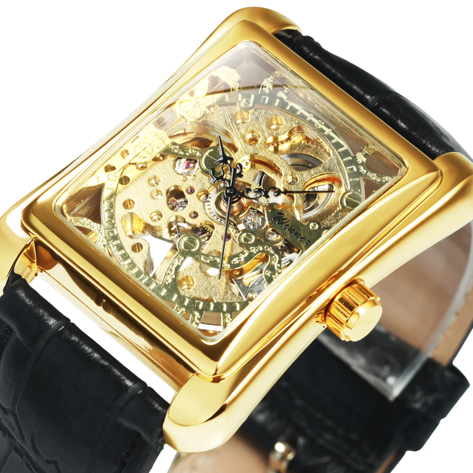 WINNER Classic Skeleton Mechanical Watches Rectangle Retro Gold Watch for Women Luxury Leather Strap Unisex Couple Wristwatches