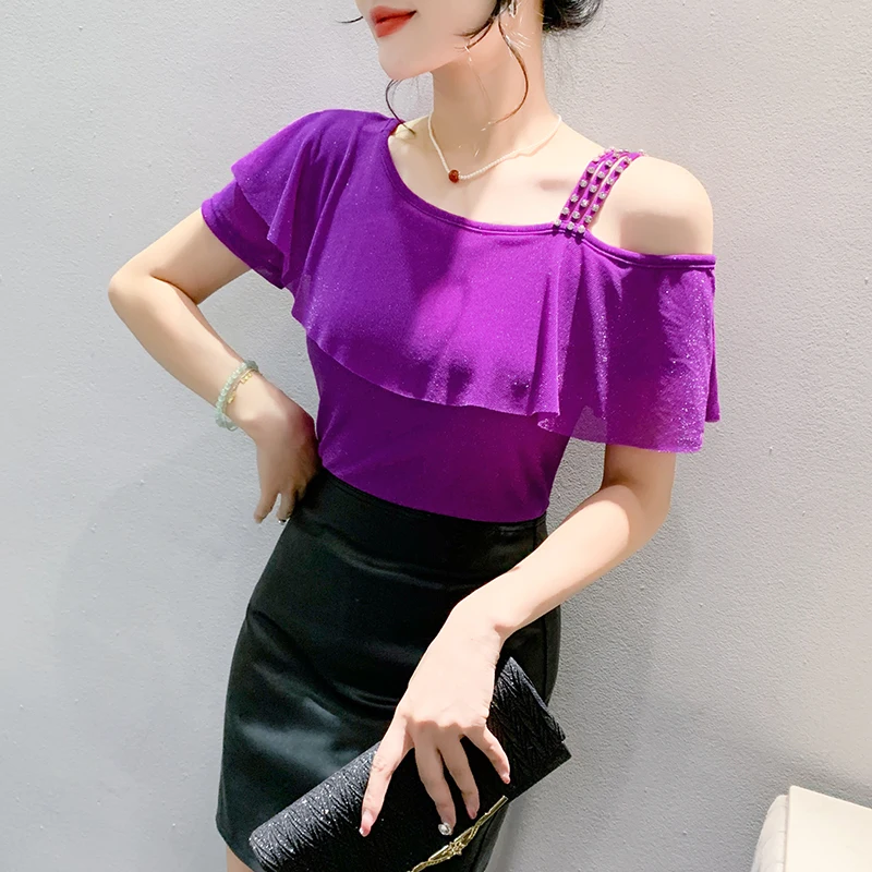 

2024 New Summer European Clothes Chic Sexy Women's Skew Collar Off Shoulder Shiny Diamonds Ruffles Tops Short Sleeve Tees 45103