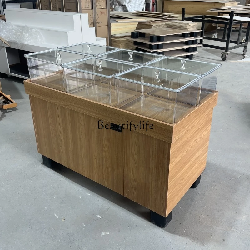 

01 Supermarket Wooden Bulk Cabinet Grains Dried Fruit Display Cabinet Snack Shelf