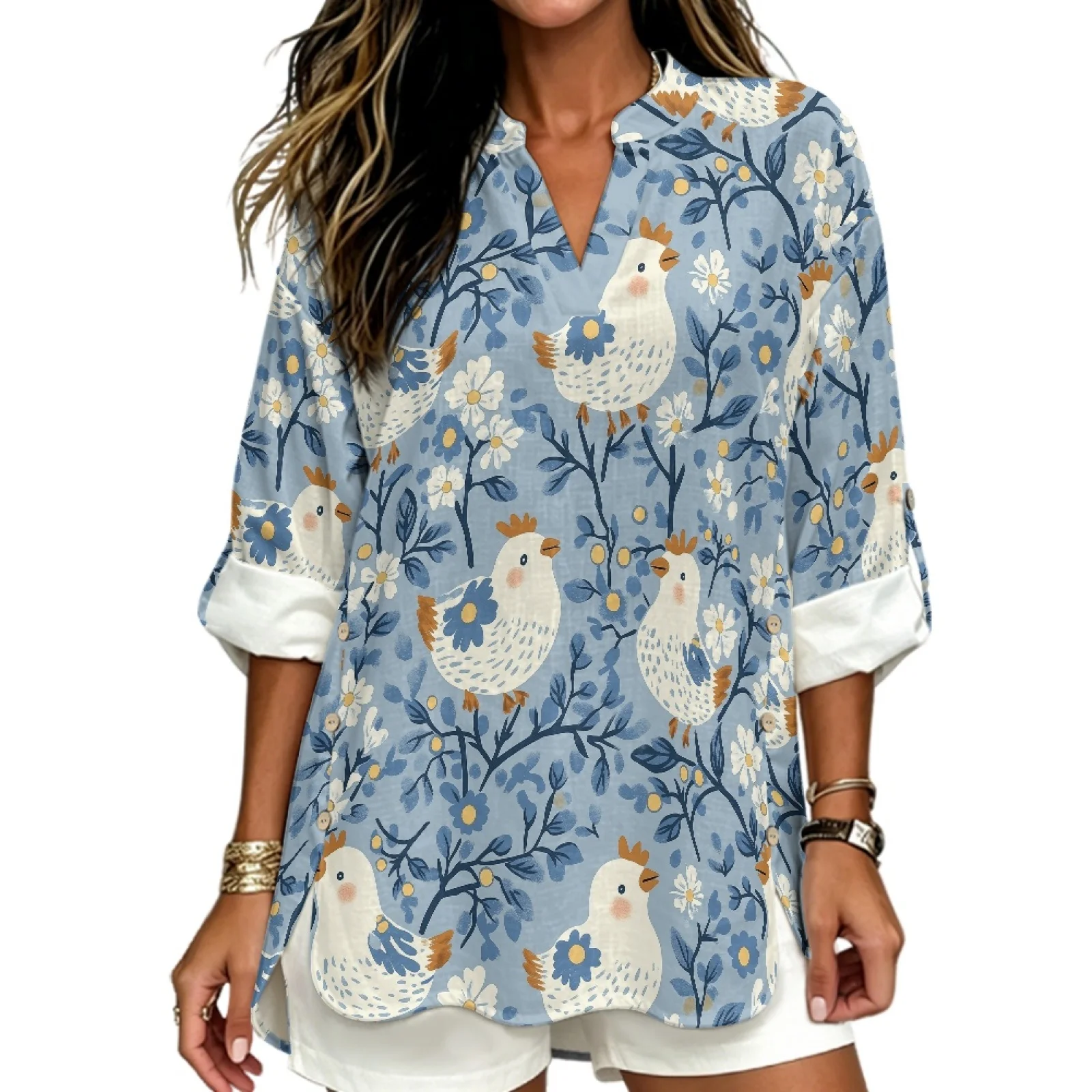 PENSTROLL Chicken Floral Print Trendy Long Sleeve Shirts for Ladies Linen Style Long Sleeve Shirts for Women V Neck Blouses